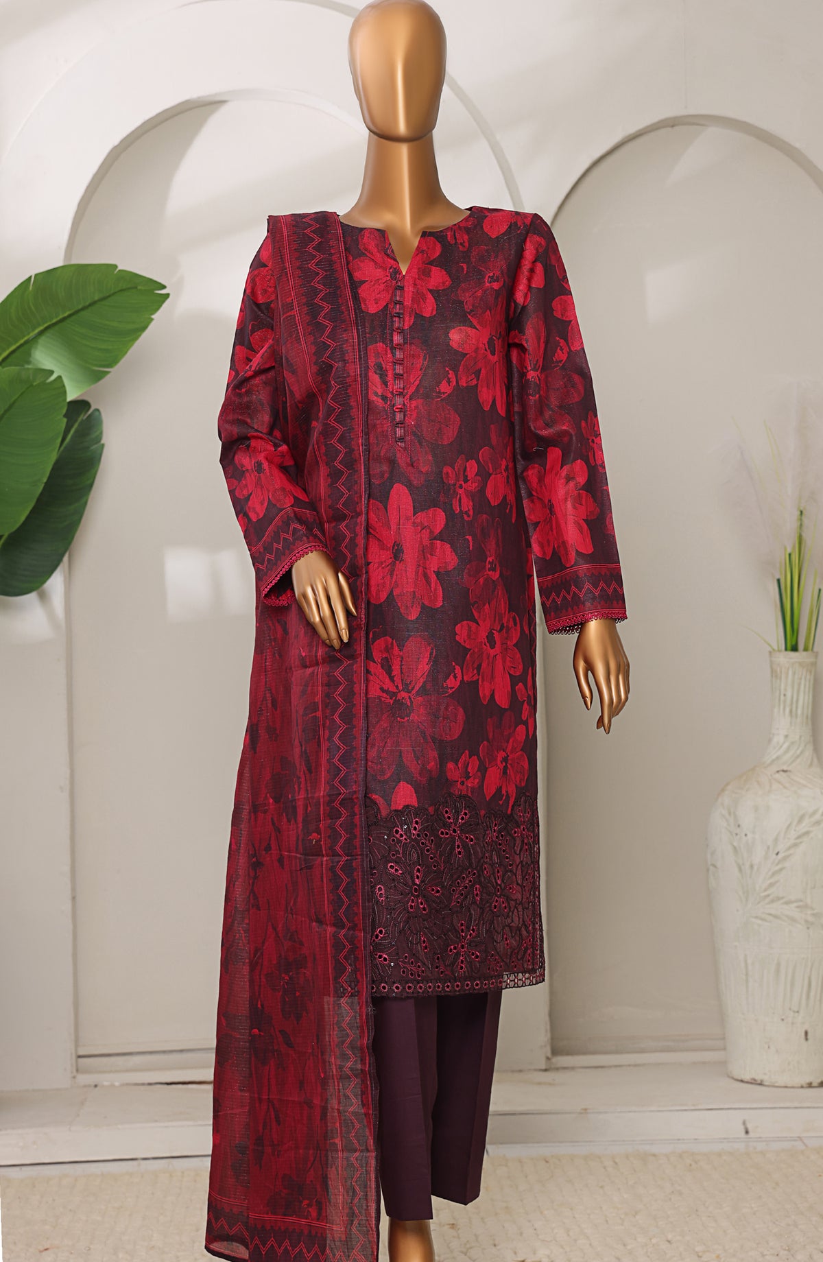 Meenakari by HZ Textiles Embroidered Shamray Cotton Unstitched 3 Piece Suit - MSC-905 - HZ26MEEN - Red - Mid Summer Collection
