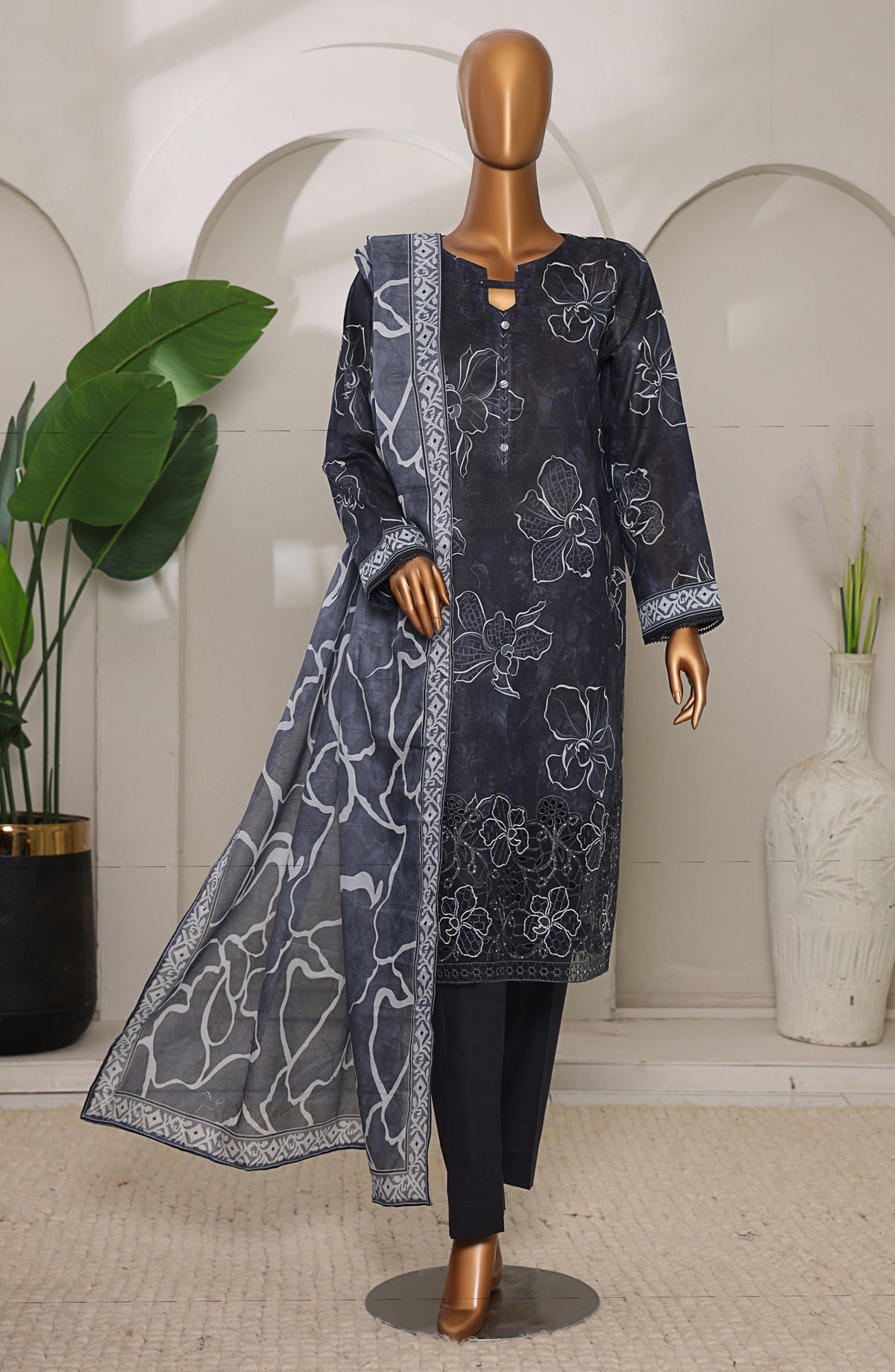 Meenakari by HZ Textiles Embroidered Shamray Cotton Unstitched 3 Piece Suit - MSC-901 - HZ26MEEN - Black - Mid Summer Collection