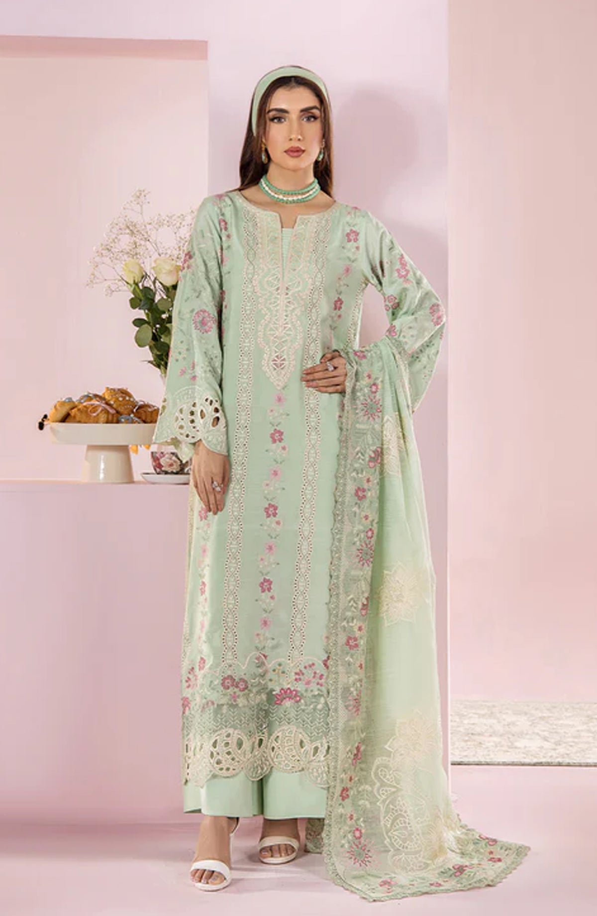 Meeral by Saad Shaikh Embroidered Unstitched 3 Piece Suit - Nora - SSH26TR - Mint Green - Eid Collection