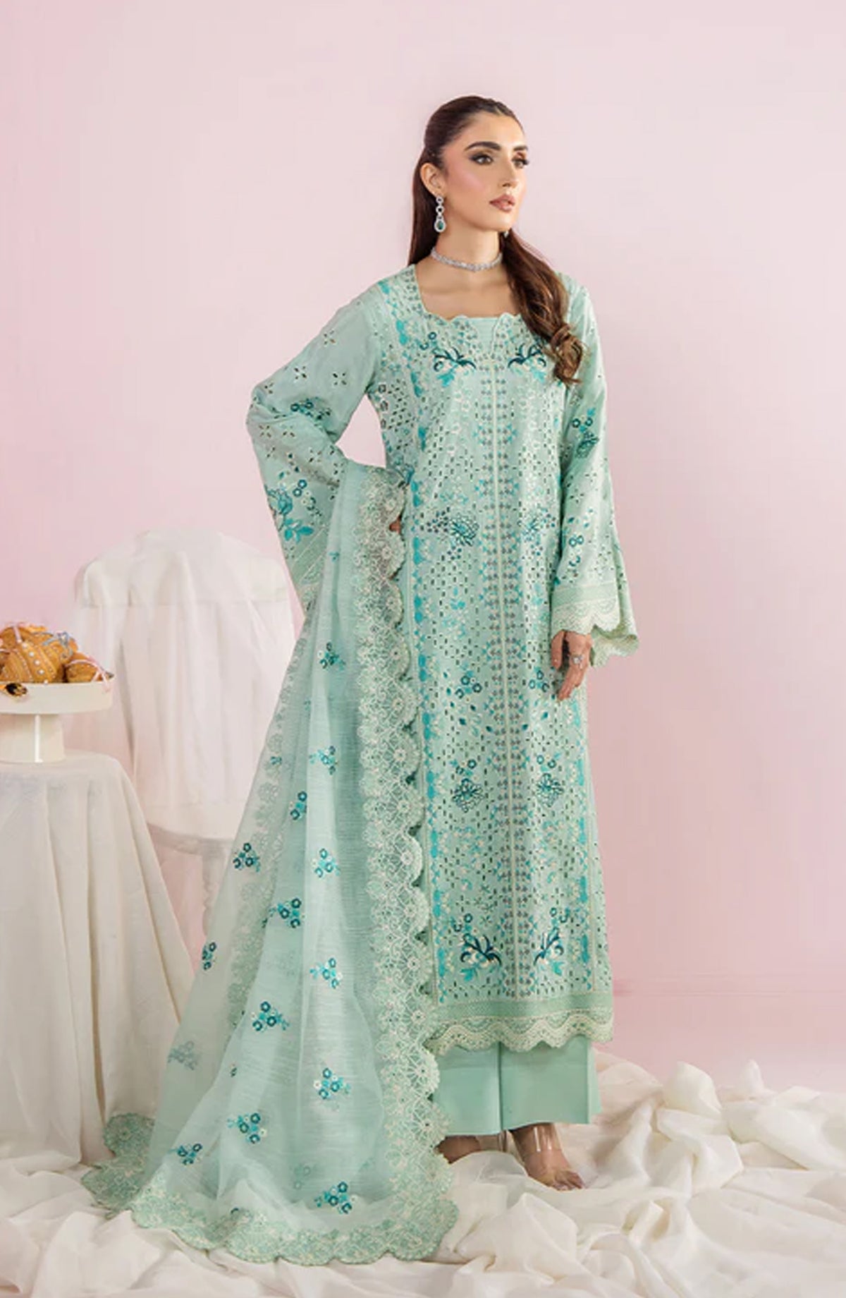 Meeral by Saad Shaikh Embroidered Unstitched 3 Piece Suit - Daisy - SSH26TR - Aqua - Eid Collection