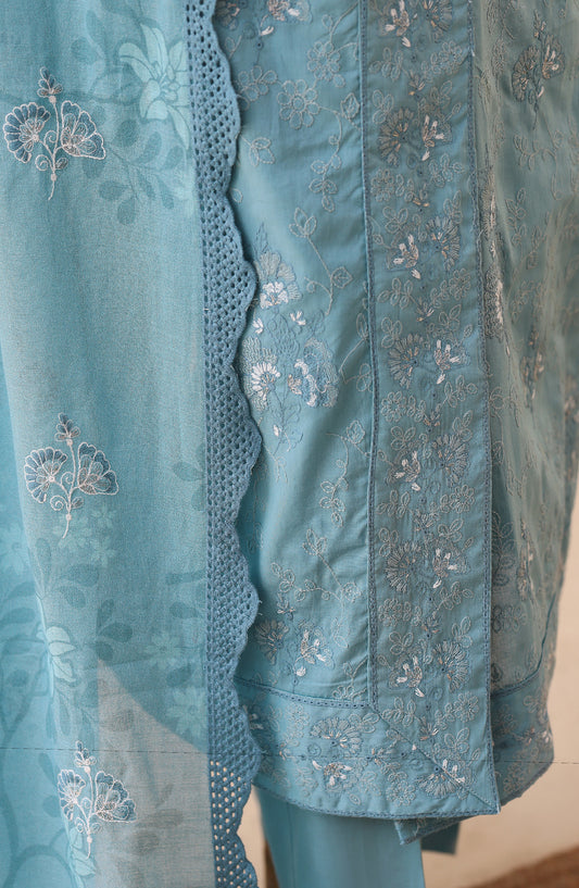 Meeras by HZ Textile Embroidered Lawn Unstitched 3 Piece Suit - D-02 - HZ26MERS - Blue - Summer Collection