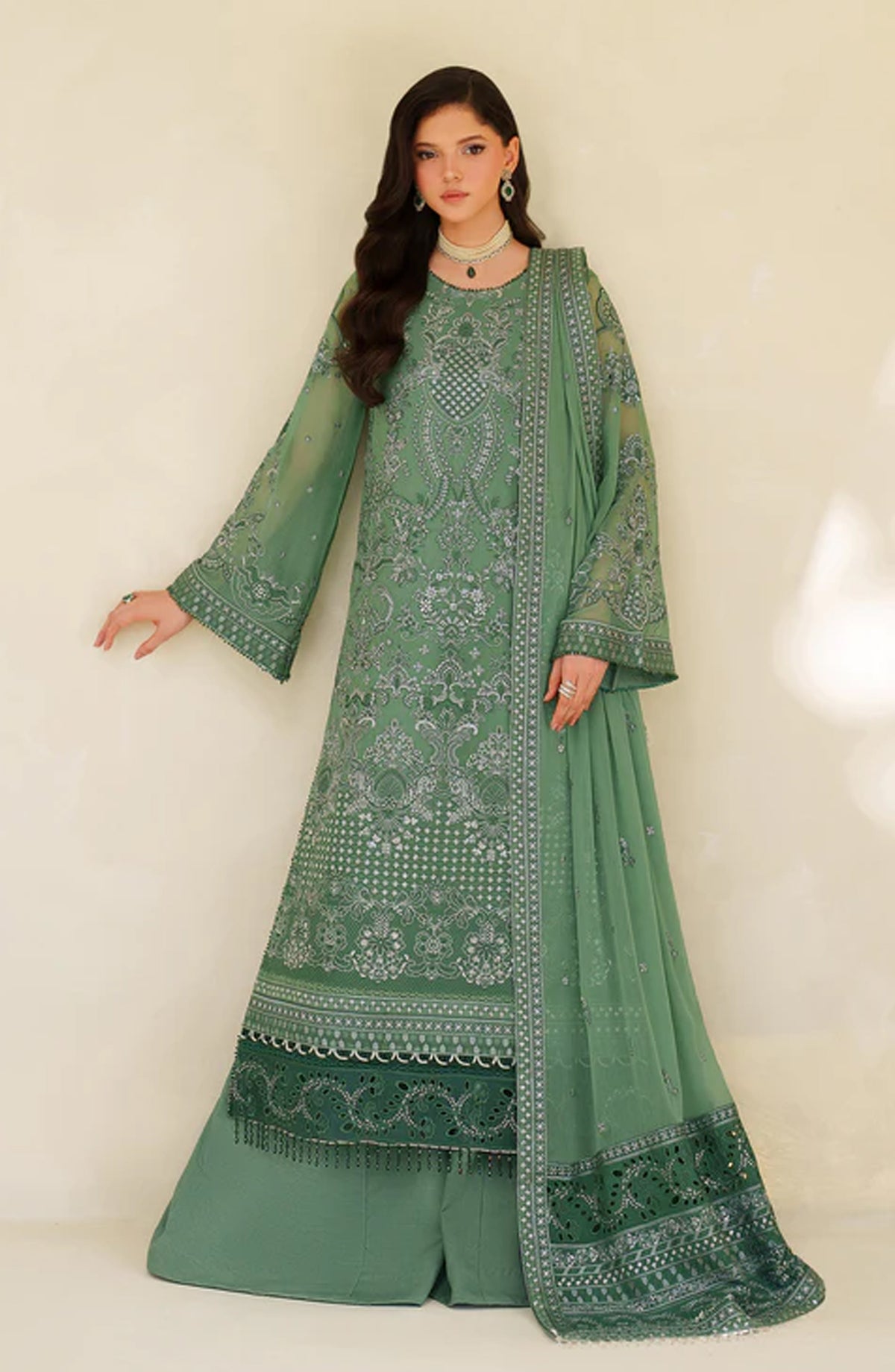 Meesa by Zarif Exclusive Embroidered Chiffon Unstitched 3 Piece Suit - Jiroon - ZRF25MSA - Green - Luxury Formals Collection