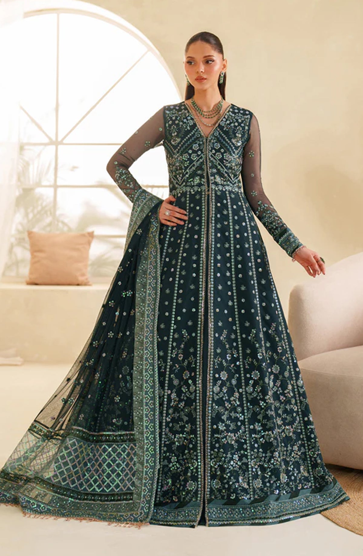 Meesa by Zarif Exclusive Embroidered Net Unstitched 3 Piece Suit - Rimul - ZRF25MSA - Green - Luxury Formals Collection