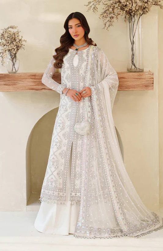 Meesa by Zarif Exclusive Embroidered Net Unstitched 3 Piece Suit - Meehar - ZRF25MSA - White - Luxury Formals Collection