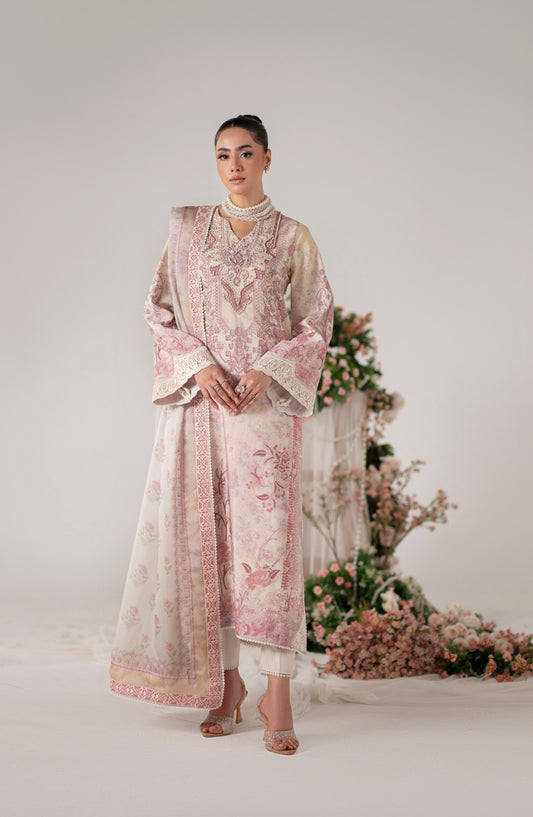 Floral Whimsy by Mehak Yaqoob Printed and Embroidered Raw Silk Stitched 3 Piece Suit - Florin - MY25FWH - Blush Pink - Luxe Collection