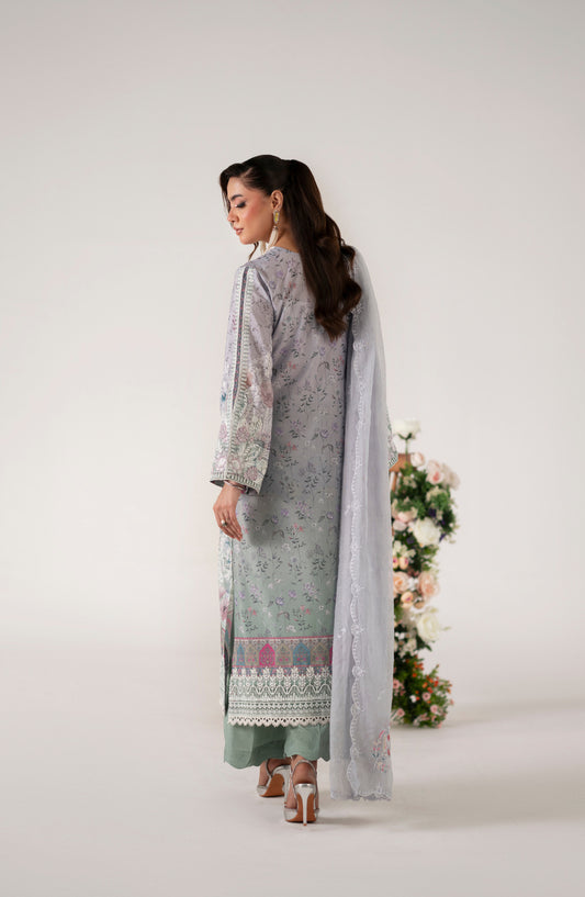 Floral Whimsy by Mehak Yaqoob Printed and Embroidered Crepe Silk Stitched 3 Piece Suit - Zalia - MY25FWH - Grey - Luxe Collection