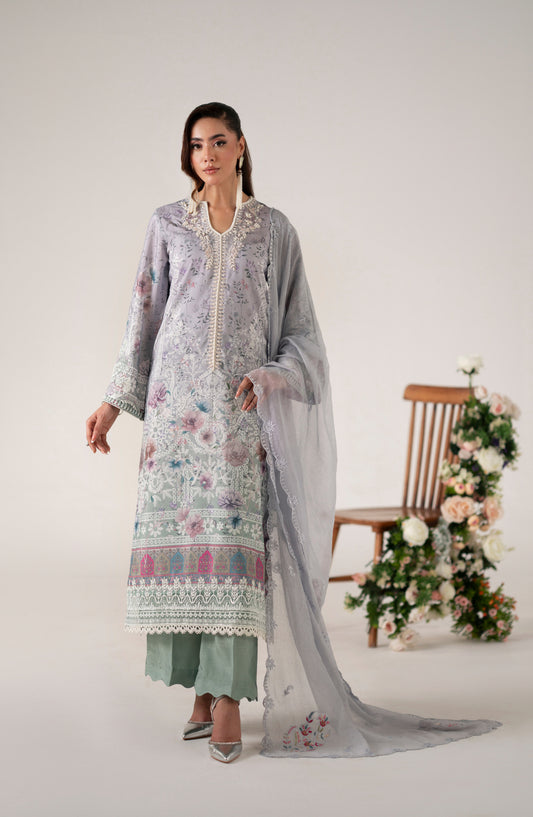 Floral Whimsy by Mehak Yaqoob Printed and Embroidered Crepe Silk Stitched 3 Piece Suit - Zalia - MY25FWH - Grey - Luxe Collection