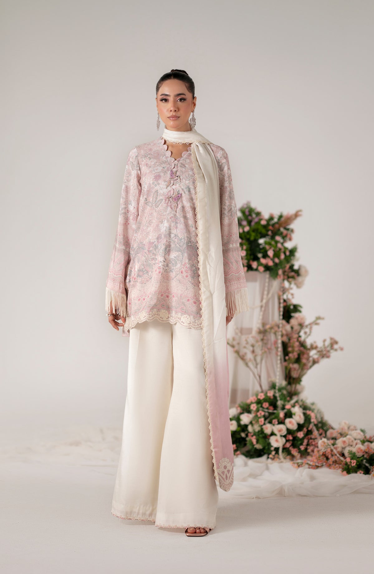 Floral Whimsy by Mehak Yaqoob Printed and Embroidered Raw Silk Stitched 3 Piece Suit - Blooma - MY25FWH - Baby pink - Luxe Collection