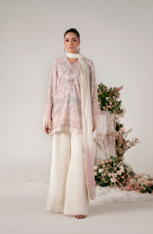 Floral Whimsy by Mehak Yaqoob Printed and Embroidered Raw Silk Stitched 3 Piece Suit - Blooma - MY25FWH - Baby pink - Luxe Collection