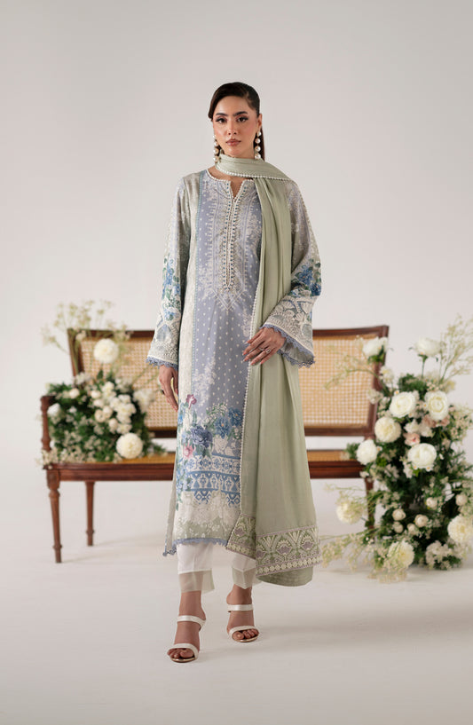 Floral Whimsy by Mehak Yaqoob Printed and Embroidered Raw Silk Stitched 3 Piece Suit - Bluebell - MY25FWH - Blue - Luxe Collection