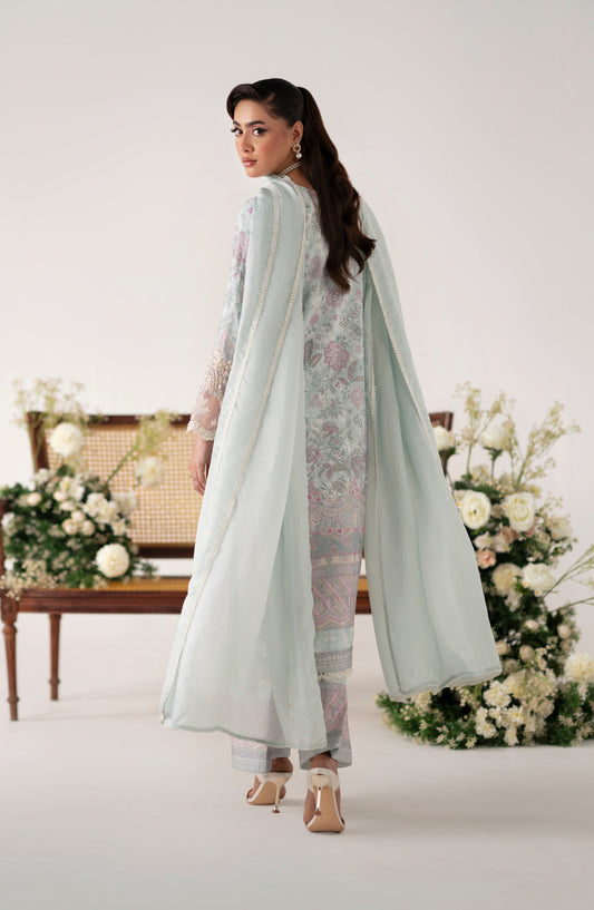 Floral Whimsy by Mehak Yaqoob Printed and Embroidered Crepe Silk Stitched 3 Piece Suit - Icelyn - MY25FWH - Skyblue - Luxe Collection