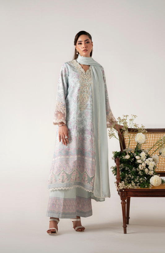 Floral Whimsy by Mehak Yaqoob Printed and Embroidered Crepe Silk Stitched 3 Piece Suit - Icelyn - MY25FWH - Skyblue - Luxe Collection
