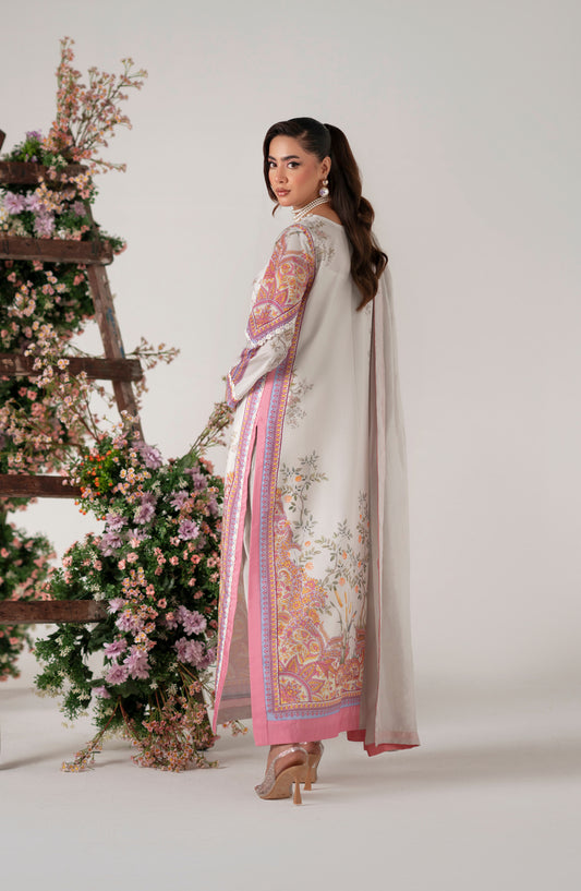 Floral Whimsy by Mehak Yaqoob Printed and Embroidered Crepe Silk Stitched 3 Piece Suit - Bellina - MY25FWH - Beige - Luxe Collection