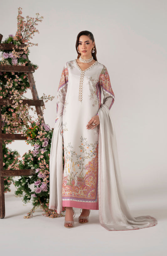 Floral Whimsy by Mehak Yaqoob Printed and Embroidered Crepe Silk Stitched 3 Piece Suit - Bellina - MY25FWH - Beige - Luxe Collection