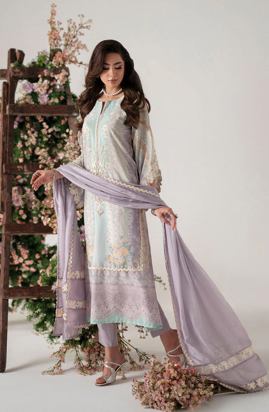 Floral Whimsy by Mehak Yaqoob Printed and Embroidered Crepe Silk Stitched 3 Piece Suit - Roselle - MY25FWH - Lilac - Luxe Collection