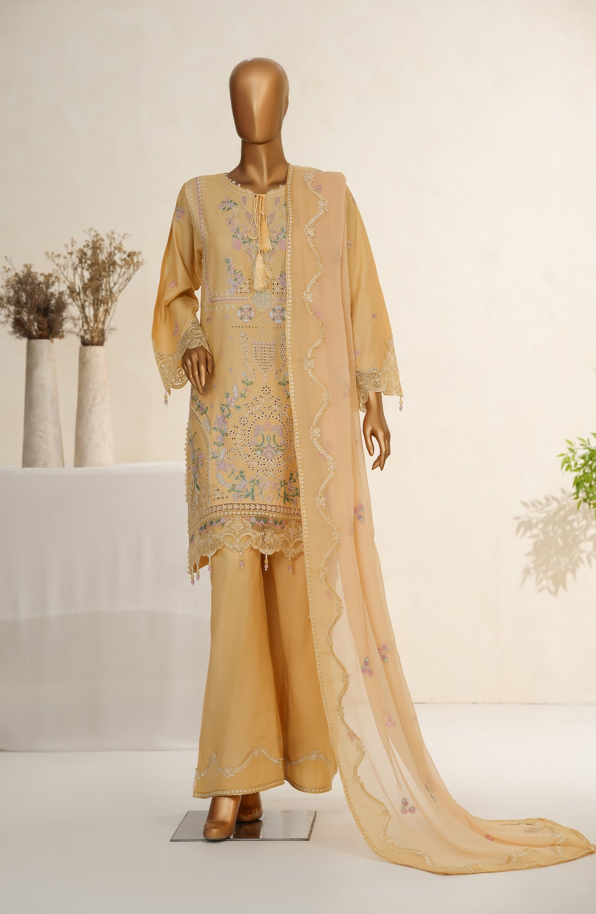 Meher by Maria Fabrics Embroidered Cotton Stitched 3 Piece Suit - 03 Ranya - MRF25MHR - Yellow - Formals Collection