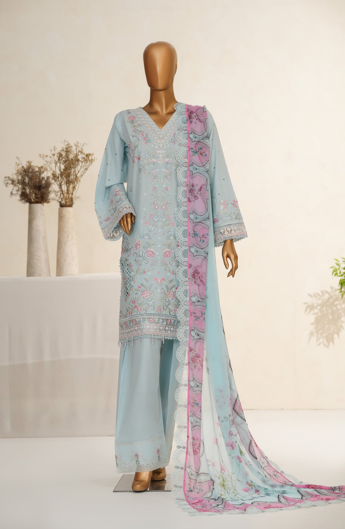 Meher by Maria Fabrics Embroidered Cotton Stitched 3 Piece Suit - 02 Mehal - MRF25MHR - Blue - Formals Collection