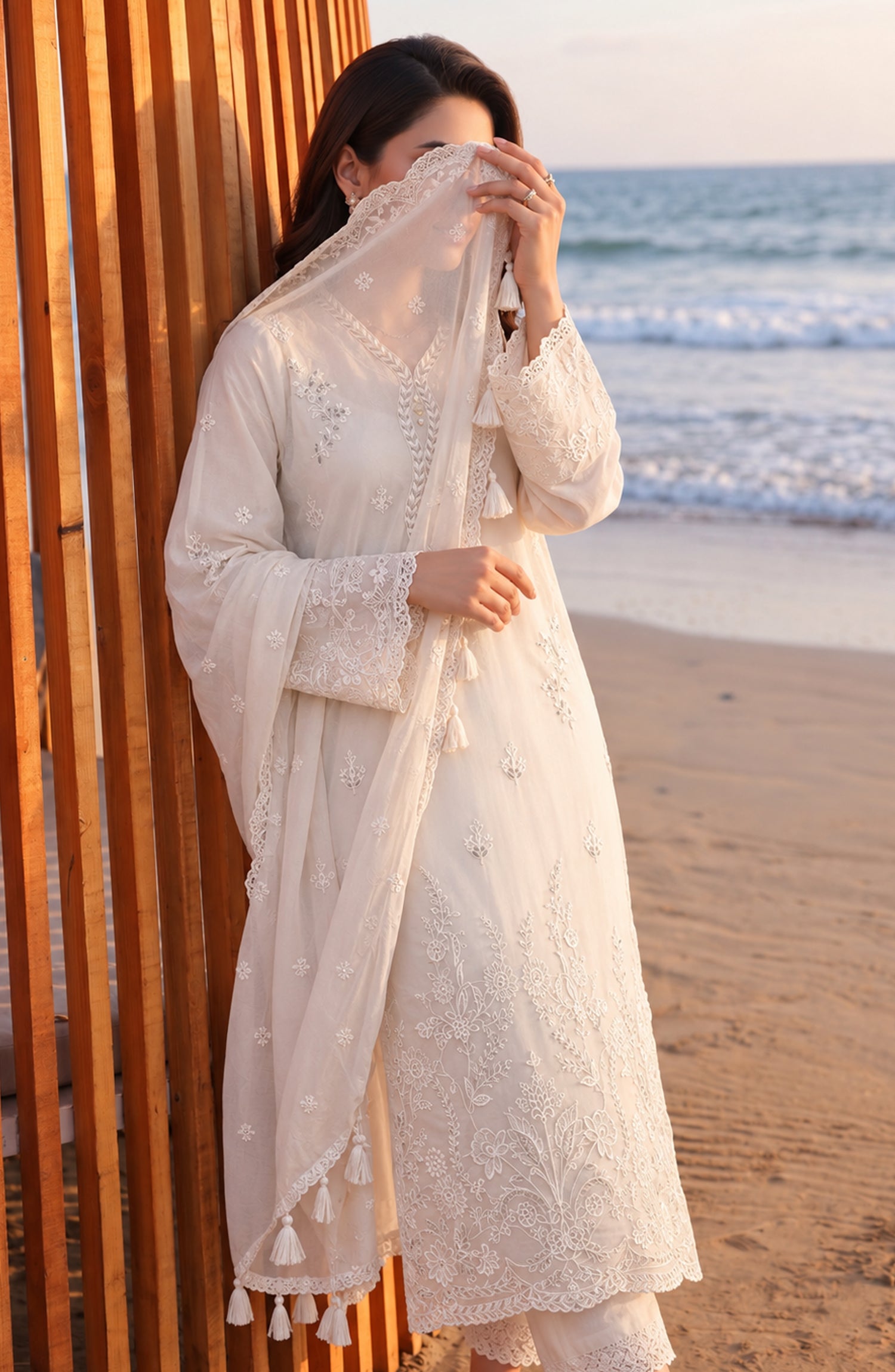 Mehfil by Amna Khadija Embroidered Cotton Stitched 3 Piece Suit - AKM-01 - AM26MFL - White - Luxe Collection