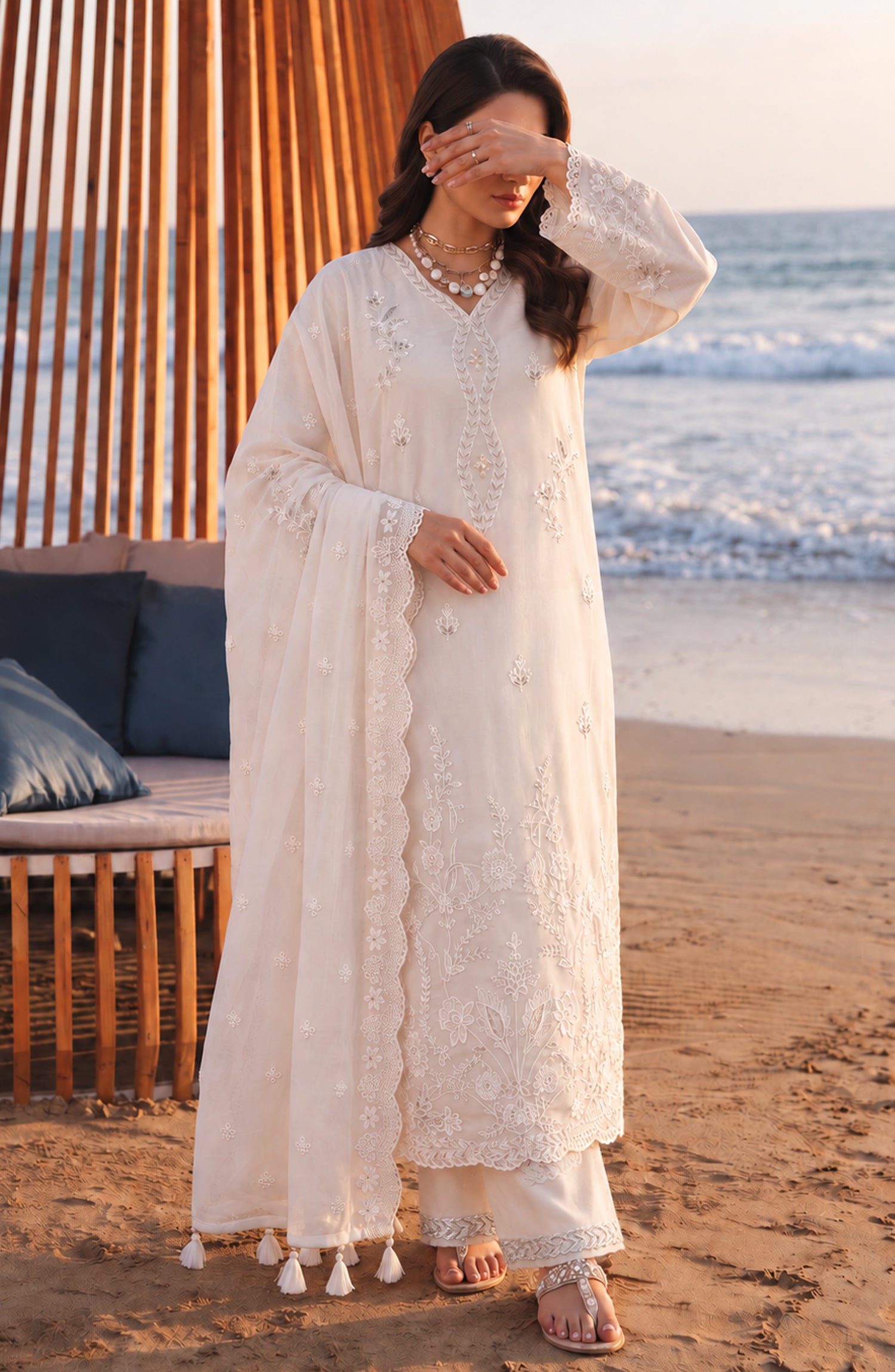 Mehfil by Amna Khadija Embroidered Cotton Stitched 3 Piece Suit - AKM-01 - AM26MFL - White - Luxe Collection