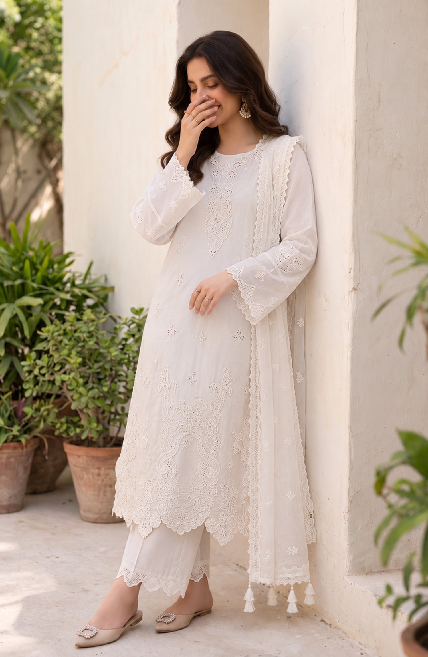 Mehfil by Amna Khadija Embroidered Cotton Stitched 3 Piece Suit - AKM-03 - AM26MFL - White - Luxe Collection