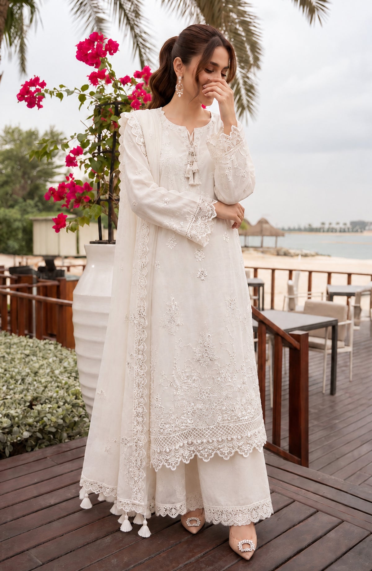Mehfil by Amna Khadija Embroidered Cotton Stitched 3 Piece Suit - AKM-04 - AM26MFL - White - Luxe Collection