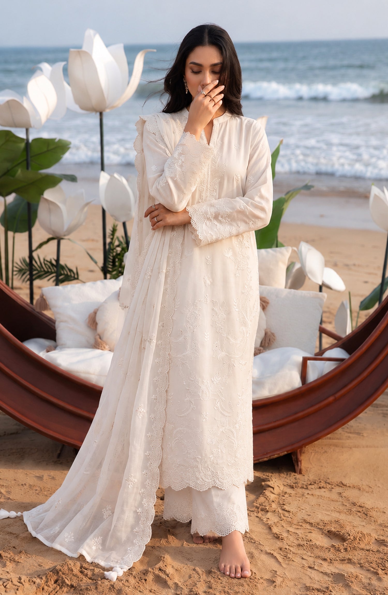 Mehfil by Amna Khadija Embroidered Cotton Stitched 3 Piece Suit - AKM-05 - AM26MFL - White - Luxe Collection