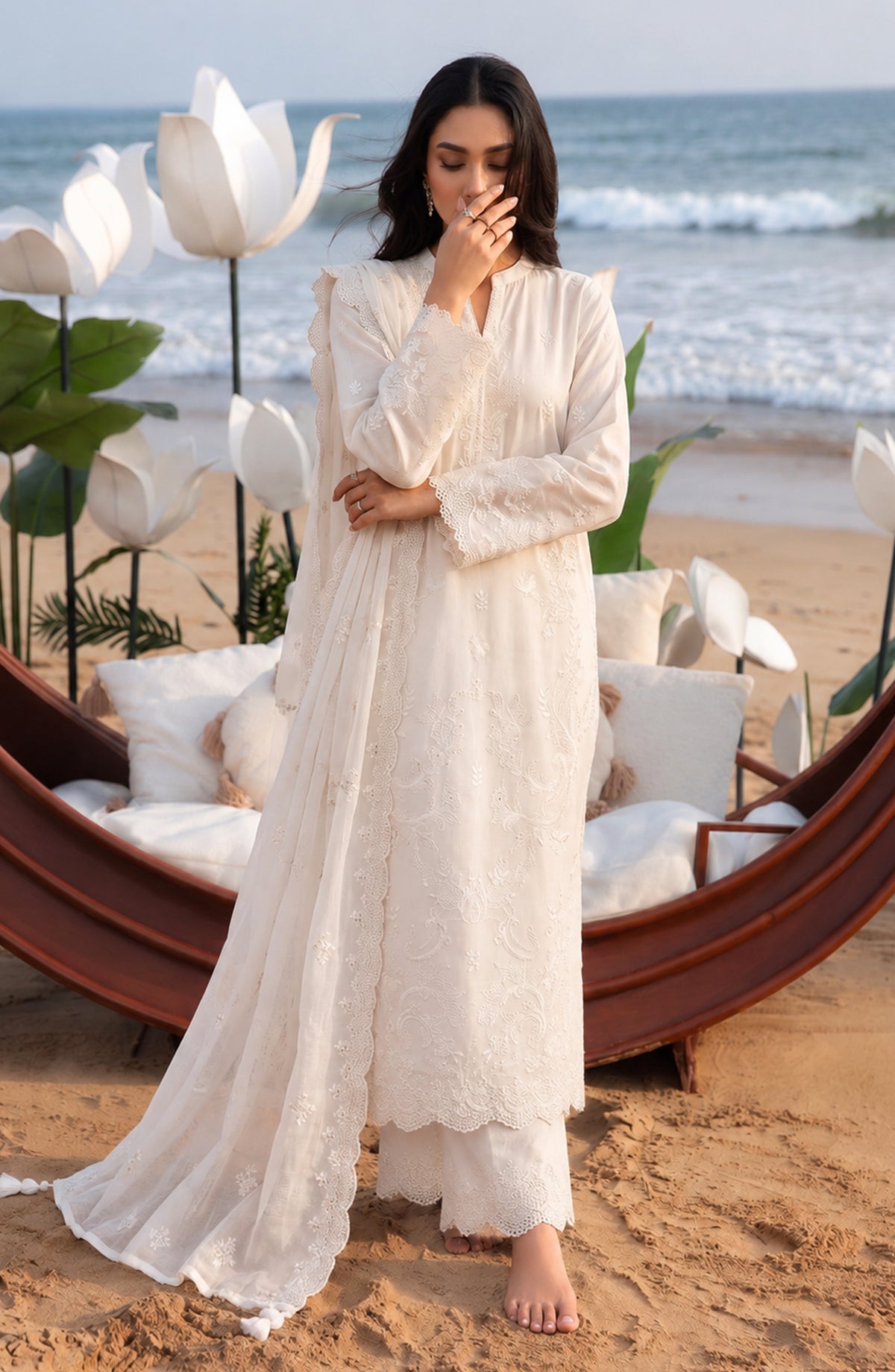 Mehfil by Amna Khadija Embroidered Cotton Stitched 3 Piece Suit - AKM-05 - AM26MFL - White - Luxe Collection