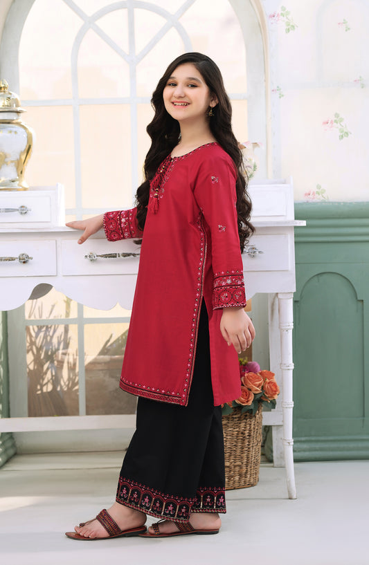 Fresh Birds Embroidered Cotton Lawn Stitched 2 Piece Suit - Mehmal - FBR26FS - Red - Festive Girls Collection