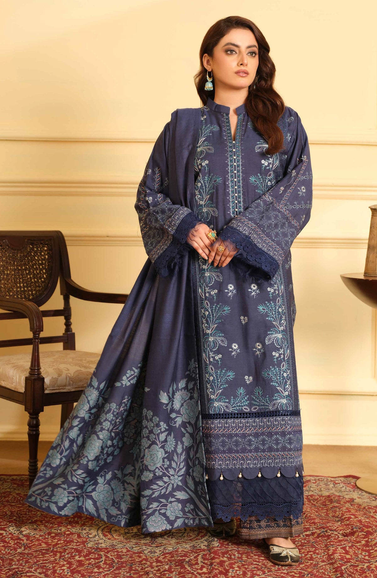 Mehmat by Johra Luxury Embroidered Unstitched 3 Piece Suit - JW-279 - JH25MMT - Blue - Winter Collection