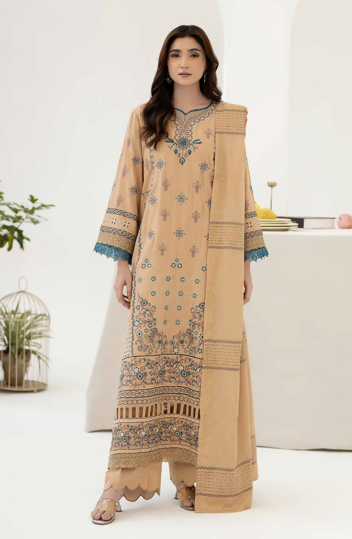 Mehrish by Johra Embroidered Viscose Unstitched 3 Piece Suit - JW-388 - JH25MEHRI - Fawn - Winter Collection