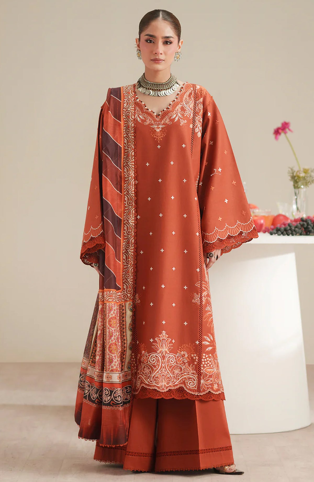 Mehroze by Bin Ilyas Embroidered Lawn Unstitched 3 Piece Suit - D-761 - BL26MHRE - Rust - Summer Collection