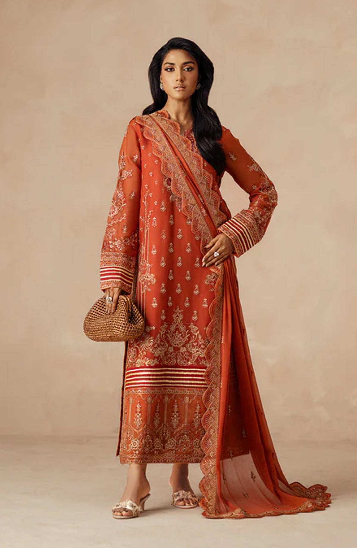Mehrun by Freesia Luxury Embroidered Chiffon Unstitched 3 Piece Suit - ROYA - FSU5610 - FS25MHR - Orange - Formals Collection
