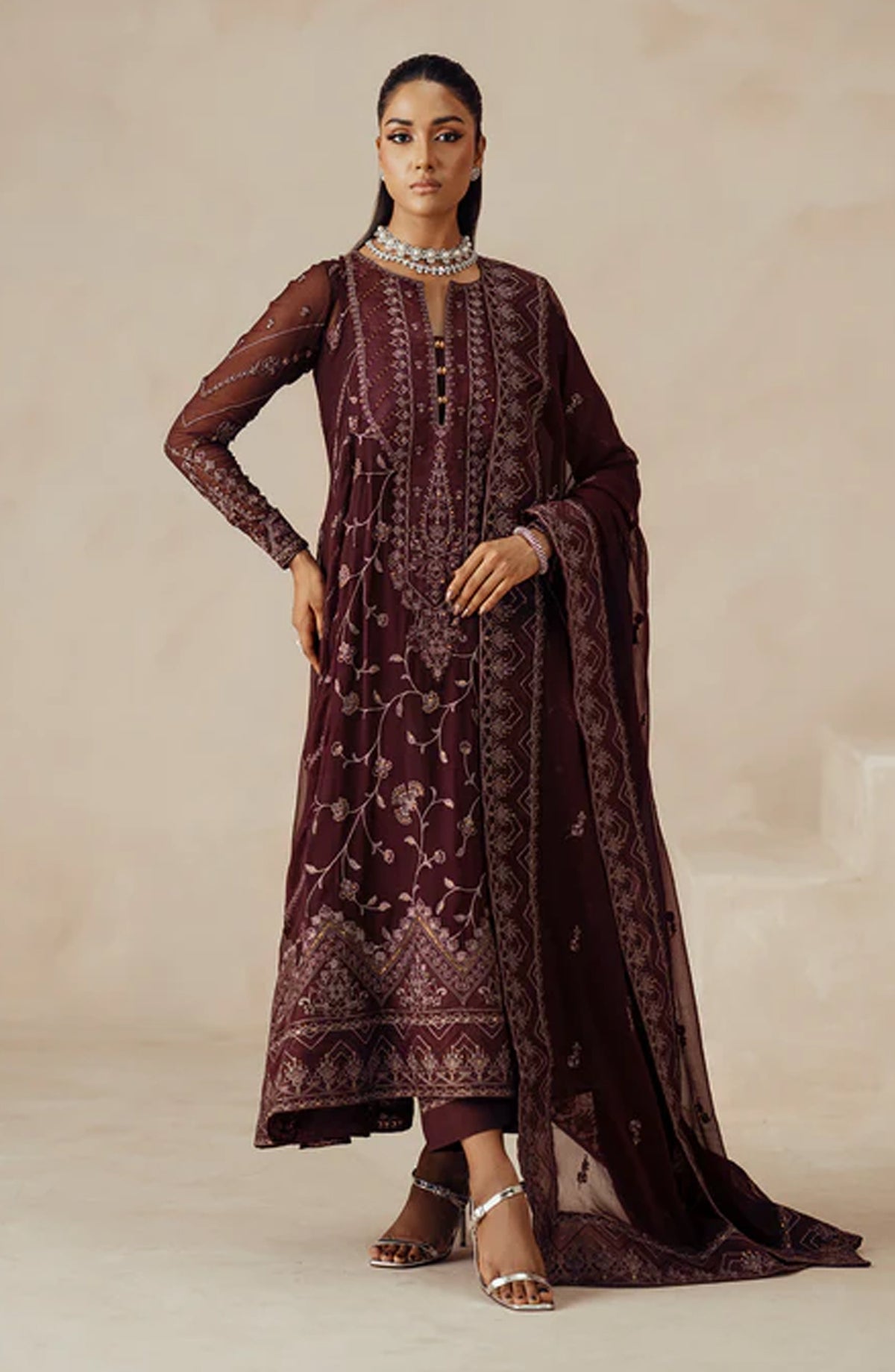 Mehrun by Freesia Luxury Embroidered Chiffon Unstitched 3 Piece Suit - MARJAN - FSU5611 - FS25MHR - Maroon - Formals Collection