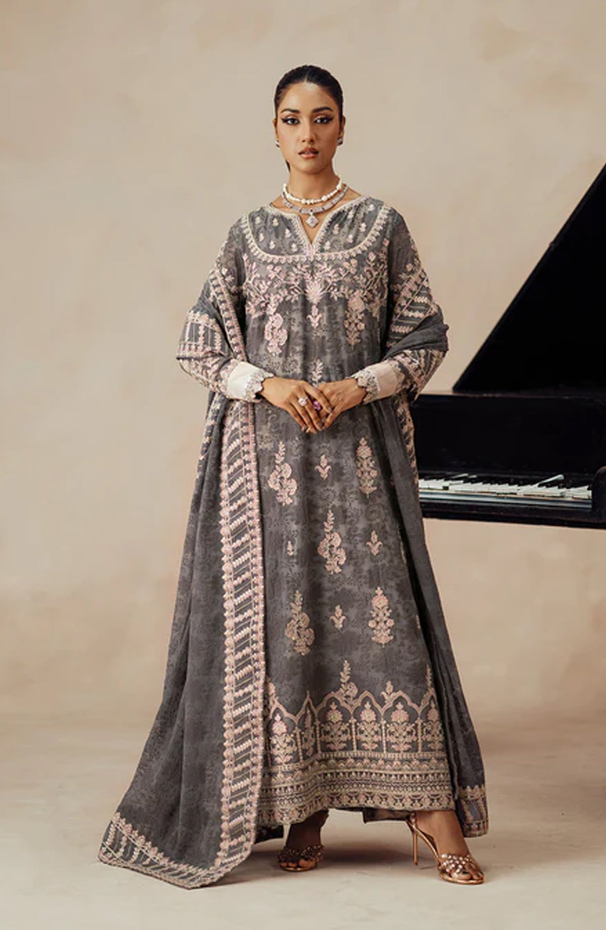 Mehrun by Freesia Luxury Embroidered Chiffon Unstitched 3 Piece Suit - DARYA - FSU5613 - FS25MHR - Grey - Formals Collection