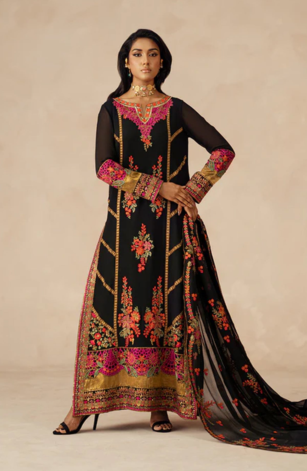 Mehrun by Freesia Luxury Embroidered Chiffon Unstitched 3 Piece Suit - AZILA - FSU5615 - FS25MHR - Black - Formals Collection