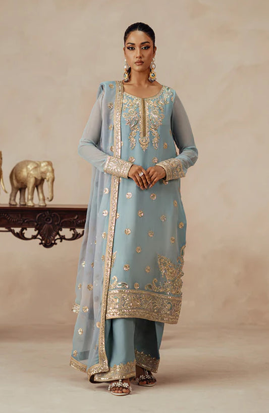 Mehrun by Freesia Luxury Embroidered Chiffon Unstitched 3 Piece Suit - AZITA - FSU5619 - FS25MHR - Blue - Formals Collection