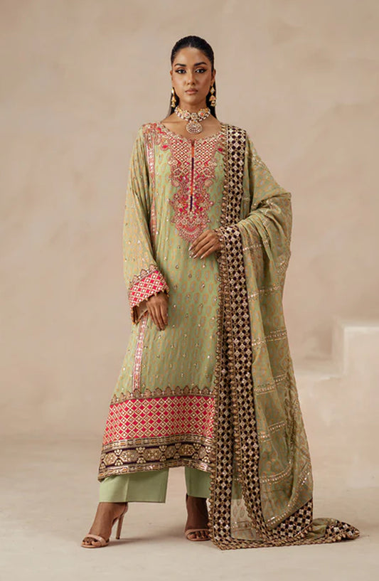 Mehrun by Freesia Luxury Embroidered Chiffon Unstitched 3 Piece Suit - ADVIKA - FSU5616 - FS25MHR - Green - Formals Collection