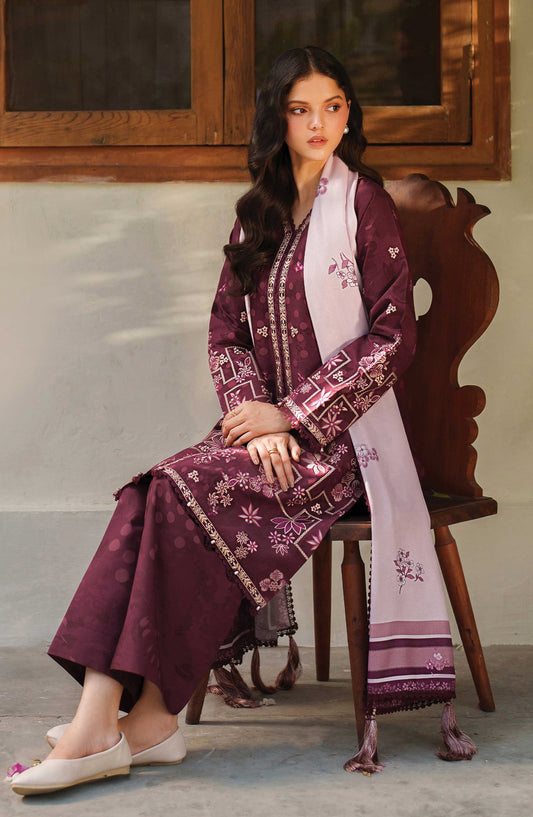 Meline by Farasha Premium Embroidered Viscose Unstitched 3 Piece Suit - 10 Mauve Cream - FSH25MLN - Maroon - Luxury Winter Collection