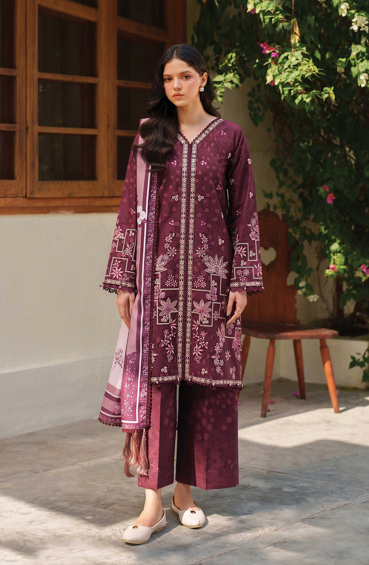 Meline by Farasha Premium Embroidered Viscose Unstitched 3 Piece Suit - 10 Mauve Cream - FSH25MLN - Maroon - Luxury Winter Collection