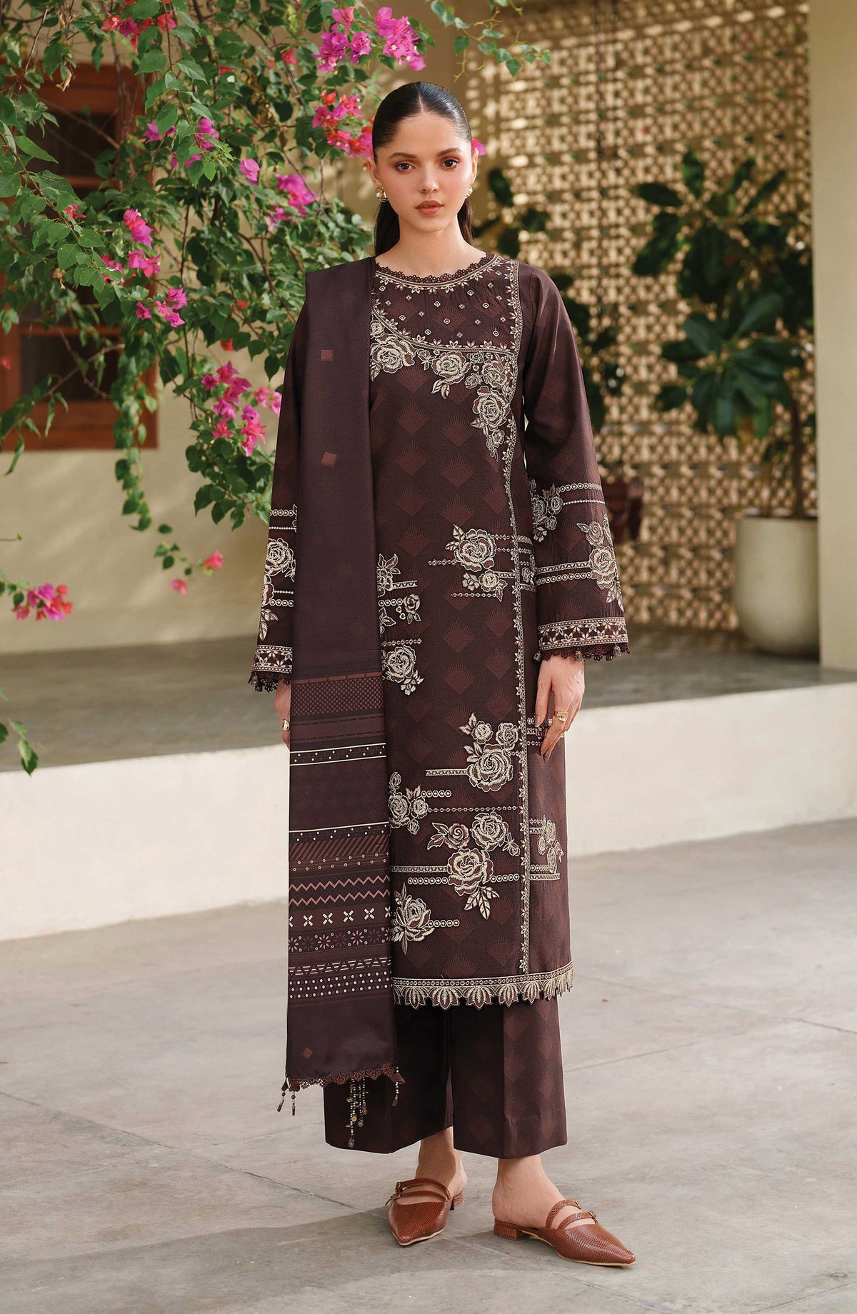Meline by Farasha Premium Embroidered Viscose Unstitched 3 Piece Suit - 09 Autumn Rose - FSH25MLN - Brown - Luxury Winter Collection