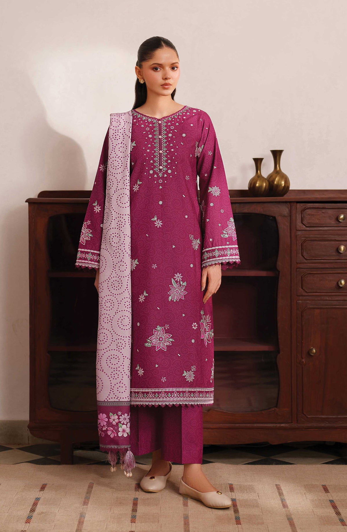 Meline by Farasha Premium Embroidered Viscose Unstitched 3 Piece Suit - 08 Berry Blush - FSH25MLN - Purple - Luxury Winter Collection