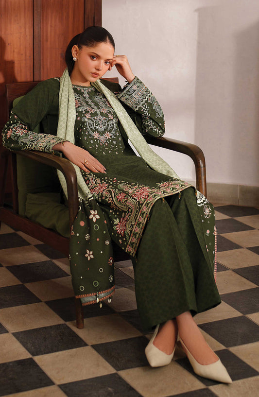 Meline by Farasha Premium Embroidered Viscose Unstitched 3 Piece Suit - 05 Olive Drape - FSH25MLN - Green - Luxury Winter Collection
