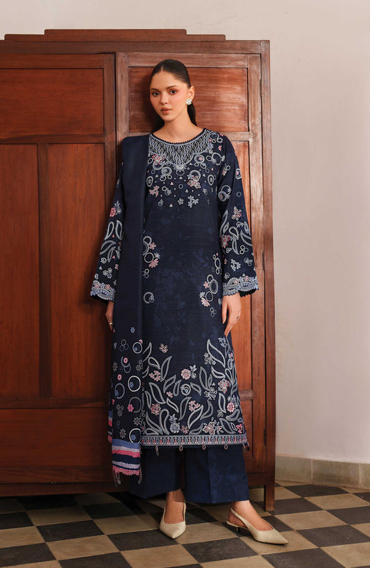 Meline by Farasha Premium Embroidered Viscose Unstitched 3 Piece Suit - 03 Night Oak - FSH25MLN - Blue - Luxury Winter Collection