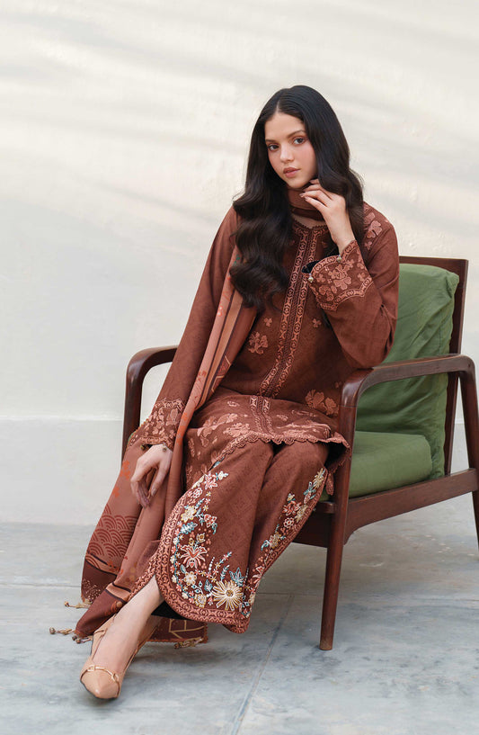Meline by Farasha Premium Embroidered Viscose Unstitched 3 Piece Suit - 02 Brown Clay - FSH25MLN - Brown - Luxury Winter Collection