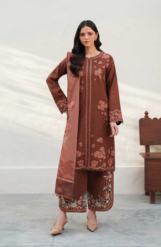 Meline by Farasha Premium Embroidered Viscose Unstitched 3 Piece Suit - 02 Brown Clay - FSH25MLN - Brown - Luxury Winter Collection