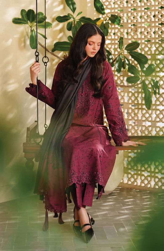 Meline by Farasha Premium Embroidered Viscose Unstitched 3 Piece Suit - 01 Sable Bloom - FSH25MLN - Maroon - Luxury Winter Collection