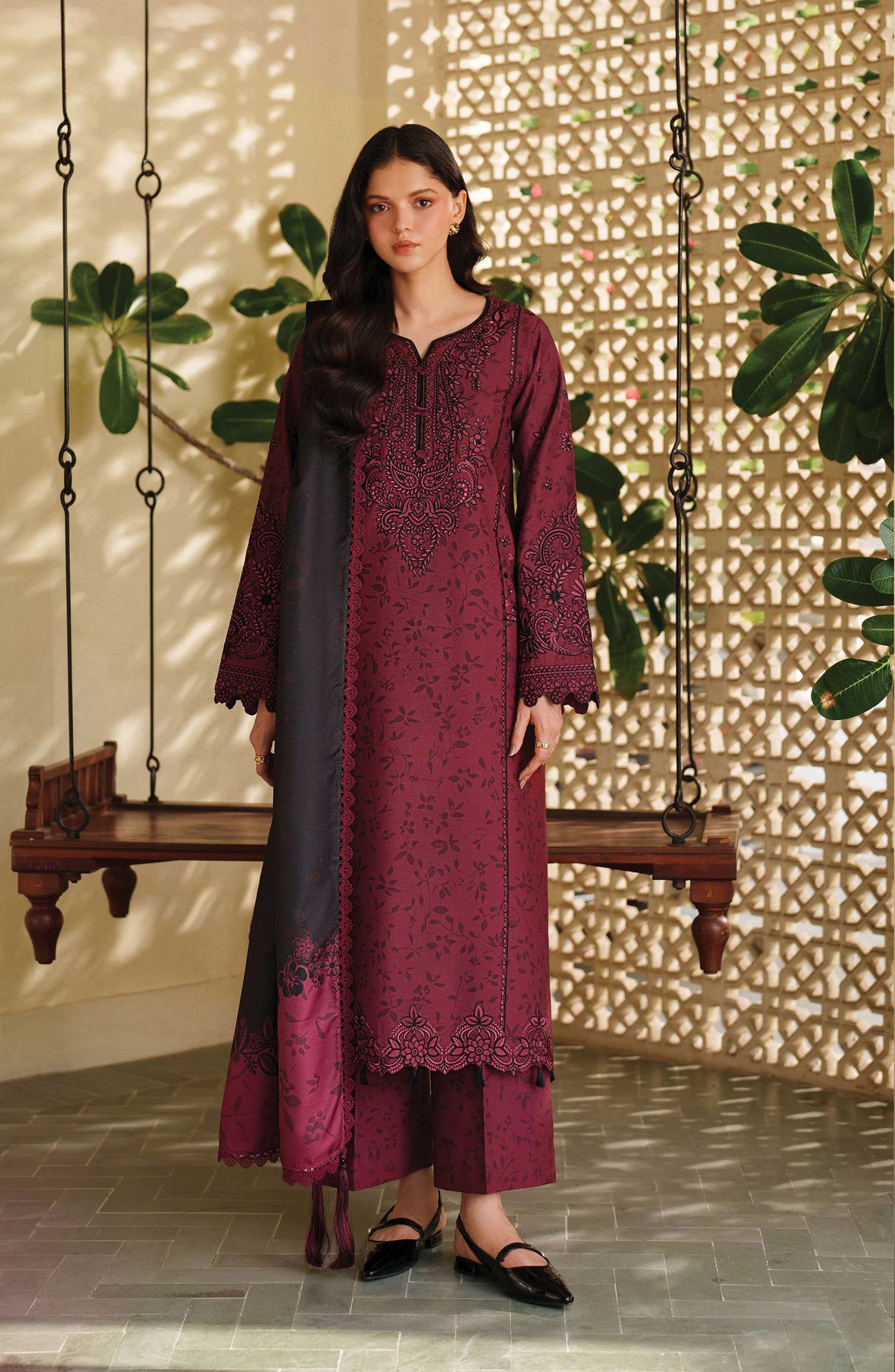 Meline by Farasha Premium Embroidered Viscose Unstitched 3 Piece Suit - 01 Sable Bloom - FSH25MLN - Maroon - Luxury Winter Collection