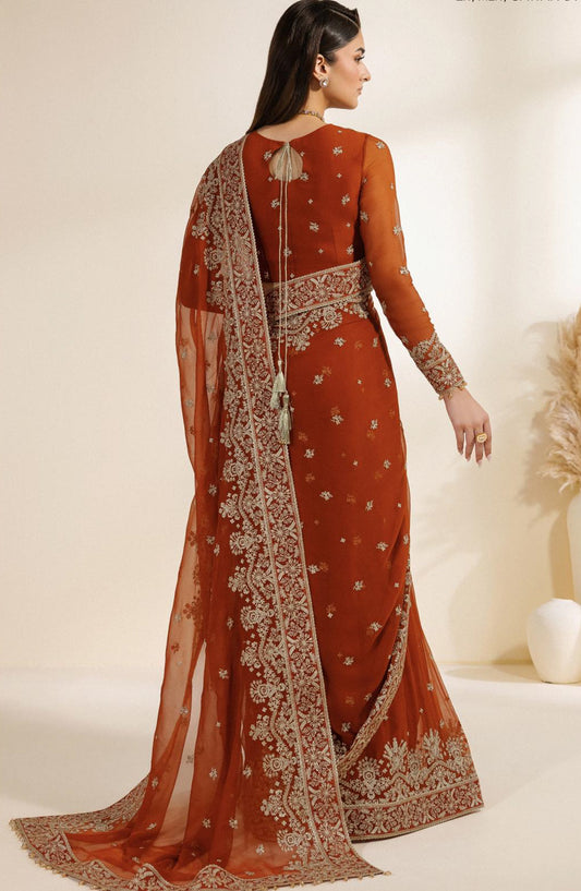 Meraki by Zarif Embroidered Chiffon Unstitched 3 Piece Suit - 07 Sawan - ZRF26MRK - Rust - Festive Collection