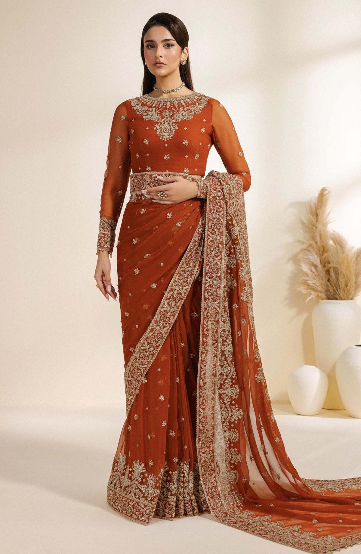 Meraki by Zarif Embroidered Chiffon Unstitched 3 Piece Suit - 07 Sawan - ZRF26MRK - Rust - Festive Collection