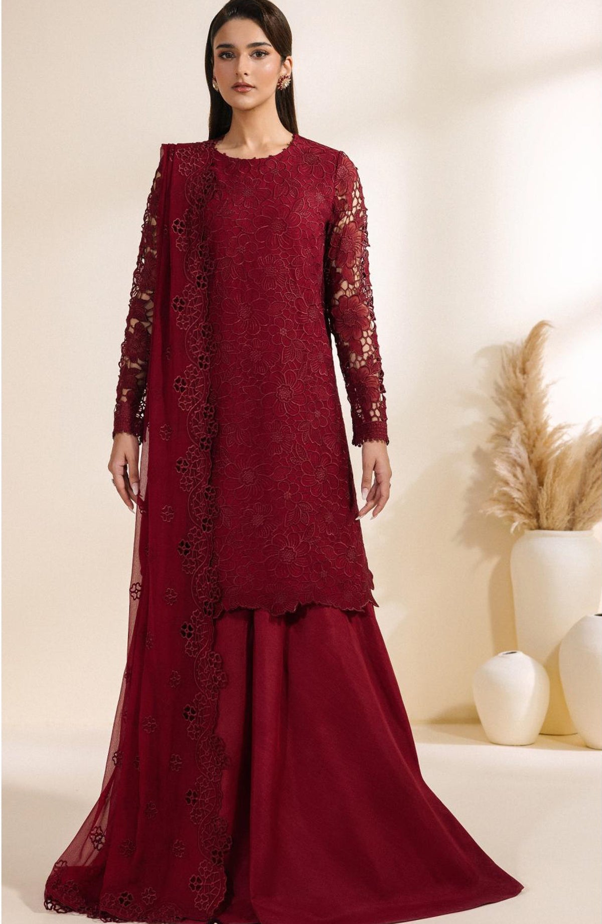 Meraki by Zarif Embroidered Chiffon Unstitched 3 Piece Suit - 03 Adaab - ZRF26MRK - Maroon - Festive Collection